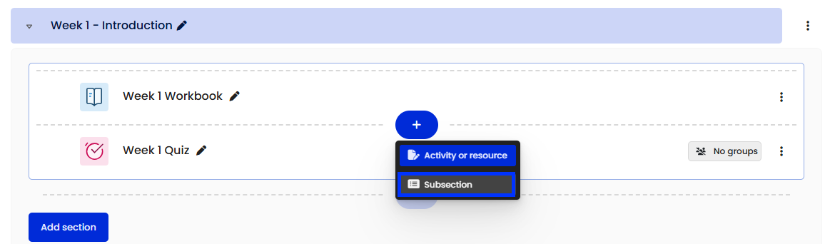 Moodle - Add Content Button - Subsection